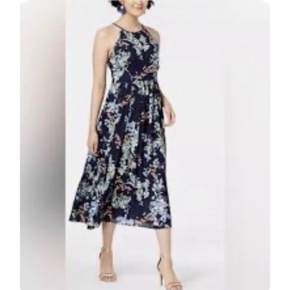 Maison‎ Jules Maxi Floral Dress Halter Flowing Lined Blue Green Size 14